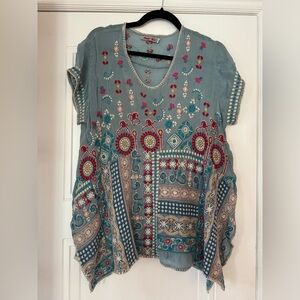 Johnny Was Madhuri Tunic Asymetrical Embroidered Top
